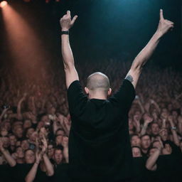 An electrifying concert scene featuring Russian rapper Oxxxymiron, with a sea of fans, striking stage lights and dynamic energy in the air.