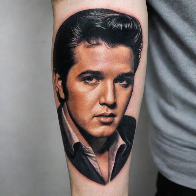 A captivating arm tattoo featuring Elvis Presley. Capture his iconic style, energy and charisma, creating a nostalgic and timeless design