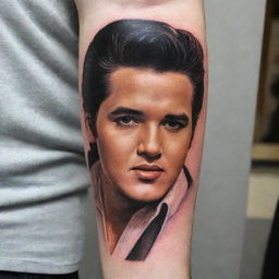 A captivating arm tattoo featuring Elvis Presley. Capture his iconic style, energy and charisma, creating a nostalgic and timeless design