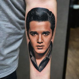 A captivating arm tattoo featuring Elvis Presley. Capture his iconic style, energy and charisma, creating a nostalgic and timeless design