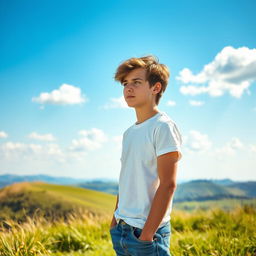 An 18-year-old boy standing on a grassy hill, looking thoughtfully into the distance