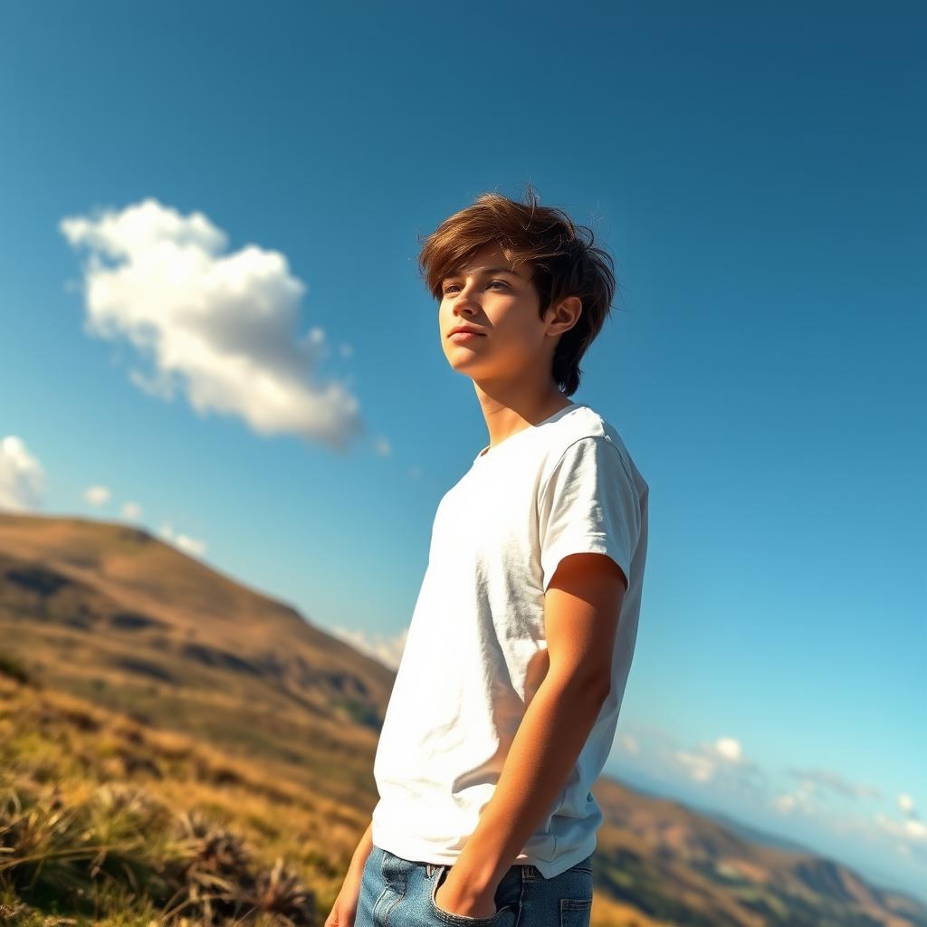 An 18-year-old boy standing on a grassy hill, looking thoughtfully into the distance