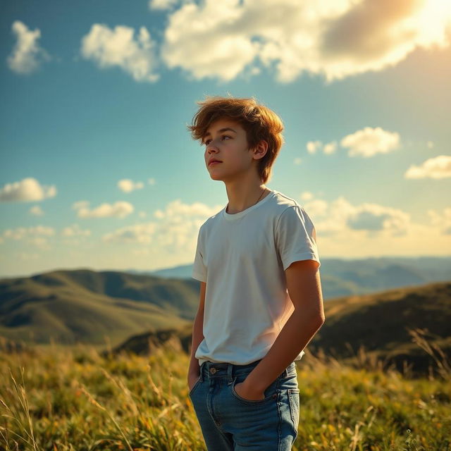 An 18-year-old boy standing on a grassy hill, looking thoughtfully into the distance