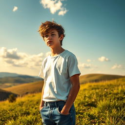 An 18-year-old boy standing on a grassy hill, looking thoughtfully into the distance