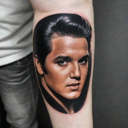 A captivating arm tattoo featuring Elvis Presley. Capture his iconic style, energy and charisma, creating a nostalgic and timeless design