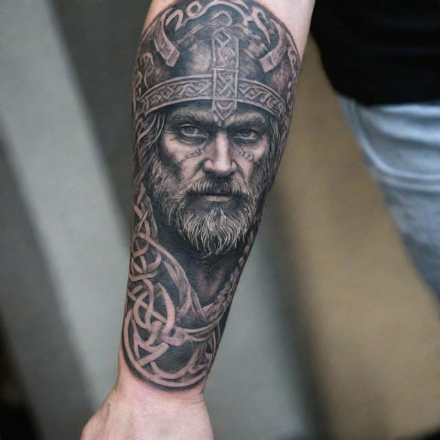 Highly intricate forearm tattoo of Viking themes, weaving together elements such as Norse mythology, runes, and ancient warrior imagery