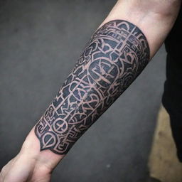 Highly intricate forearm tattoo of Viking themes, weaving together elements such as Norse mythology, runes, and ancient warrior imagery