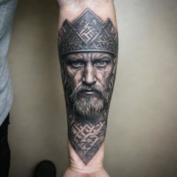 Highly intricate forearm tattoo of Viking themes, weaving together elements such as Norse mythology, runes, and ancient warrior imagery