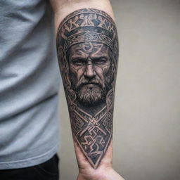 Highly intricate forearm tattoo of Viking themes, weaving together elements such as Norse mythology, runes, and ancient warrior imagery