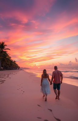 A breathtaking view of a vibrant sunset over a tranquil beach, with the sun setting on the horizon, casting shades of orange, pink, and purple across the sky