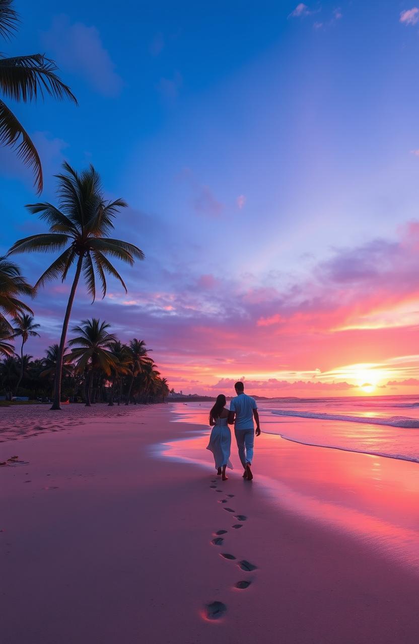 A breathtaking view of a vibrant sunset over a tranquil beach, with the sun setting on the horizon, casting shades of orange, pink, and purple across the sky