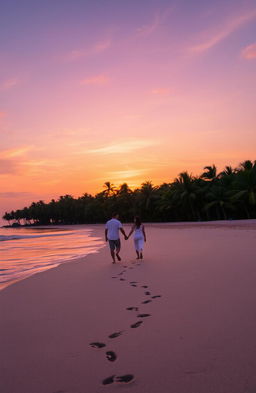 A breathtaking view of a vibrant sunset over a tranquil beach, with the sun setting on the horizon, casting shades of orange, pink, and purple across the sky