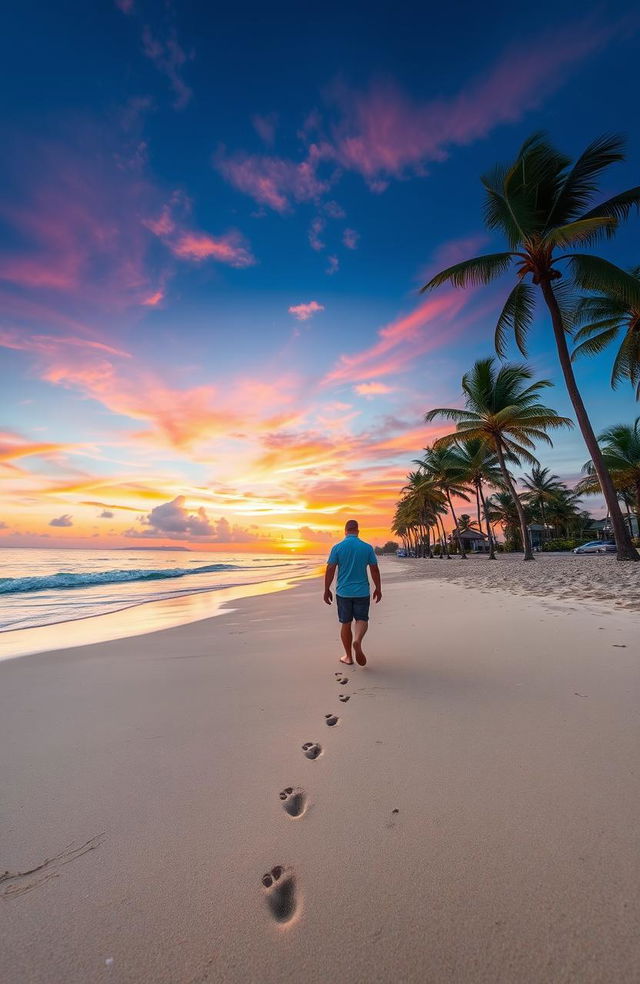 A breathtaking view of a vibrant sunset over a tranquil beach, with the sun setting on the horizon, casting shades of orange, pink, and purple across the sky