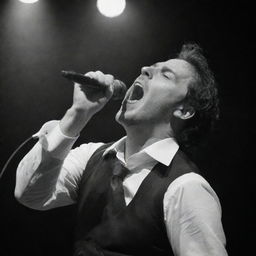 Denis, the charismatic lead vocalist from the music group 'Innuendo', expertly hitting high notes in the midst of a live performance.