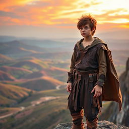 An 18-year-old boy standing on a cliff, gazing thoughtfully into the distance
