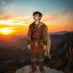 An 18-year-old boy standing on a cliff, gazing thoughtfully into the distance