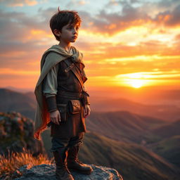 An 18-year-old boy standing on a cliff, gazing thoughtfully into the distance