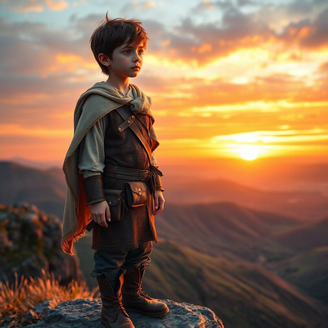 An 18-year-old boy standing on a cliff, gazing thoughtfully into the distance