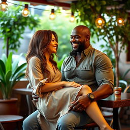 A scene featuring a confident white woman sitting playfully on the lap of a strong black man, both smiling and engaging in lively conversation