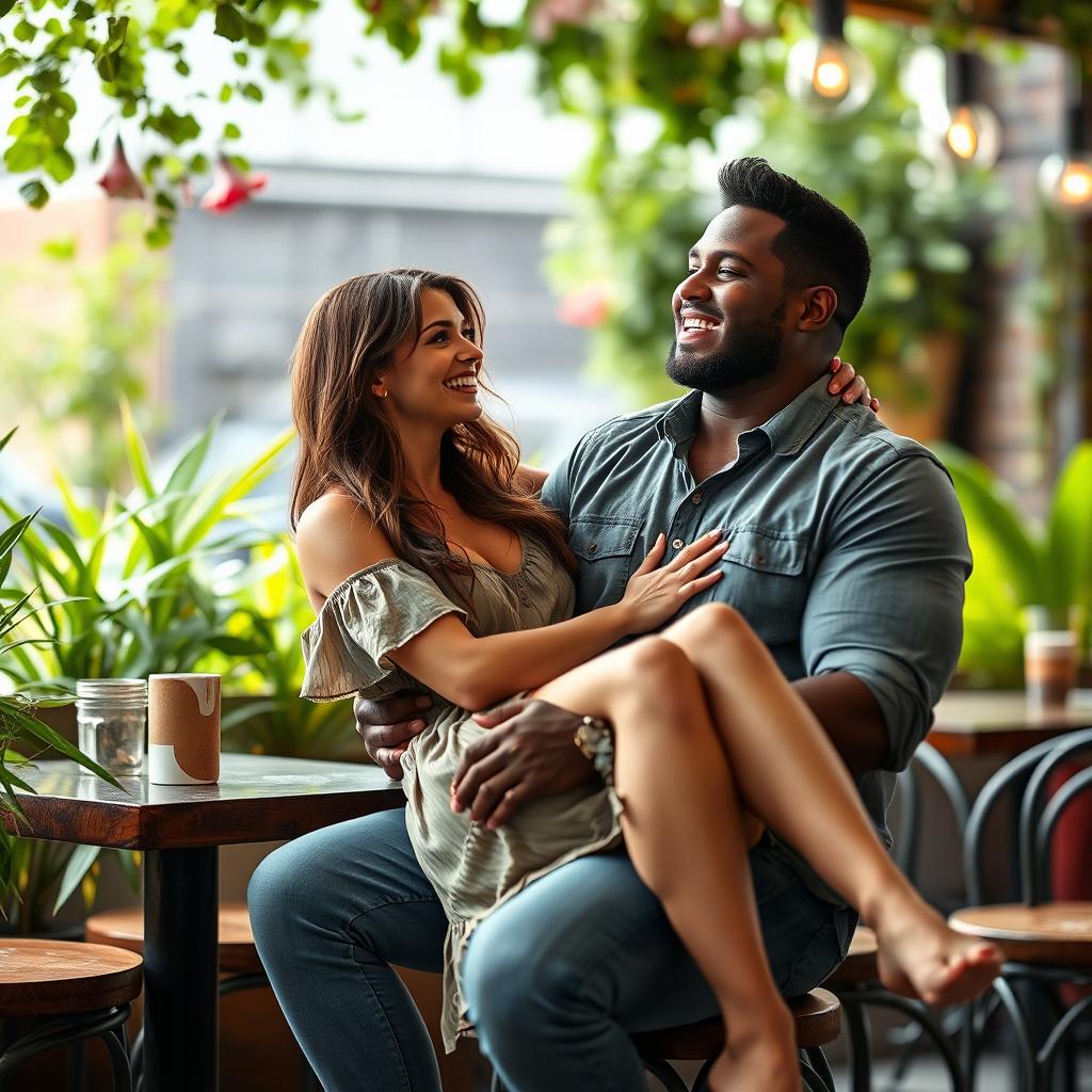 A scene featuring a confident white woman sitting playfully on the lap of a strong black man, both smiling and engaging in lively conversation