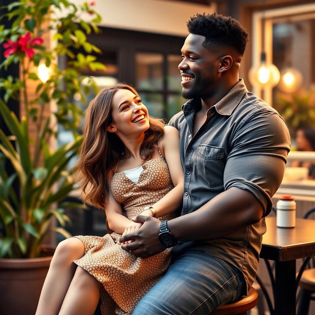 A scene featuring a confident white woman sitting playfully on the lap of a strong black man, both smiling and engaging in lively conversation