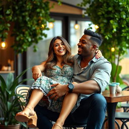 A scene featuring a confident white woman sitting playfully on the lap of a strong black man, both smiling and engaging in lively conversation