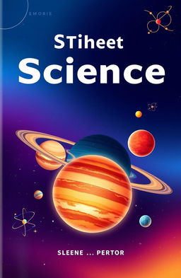 An aesthetically pleasing and informative science book cover design, featuring a vibrant illustration of the solar system with planets in stunning detail, including Saturn's rings and Jupiter's Great Red Spot