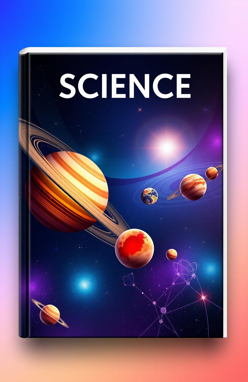 An aesthetically pleasing and informative science book cover design, featuring a vibrant illustration of the solar system with planets in stunning detail, including Saturn's rings and Jupiter's Great Red Spot