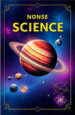 An aesthetically pleasing and informative science book cover design, featuring a vibrant illustration of the solar system with planets in stunning detail, including Saturn's rings and Jupiter's Great Red Spot