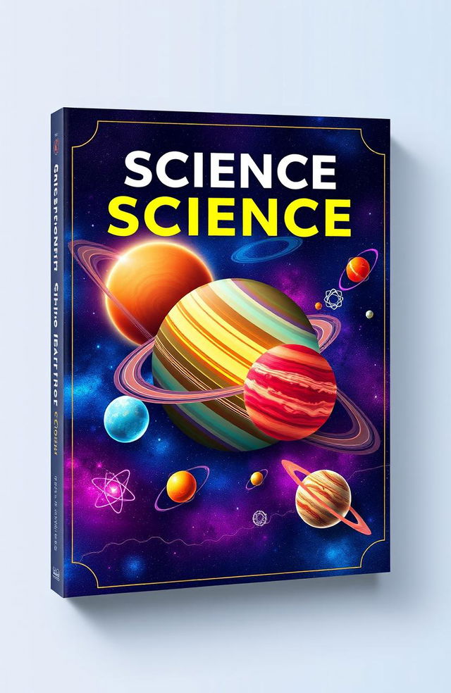 An aesthetically pleasing and informative science book cover design, featuring a vibrant illustration of the solar system with planets in stunning detail, including Saturn's rings and Jupiter's Great Red Spot