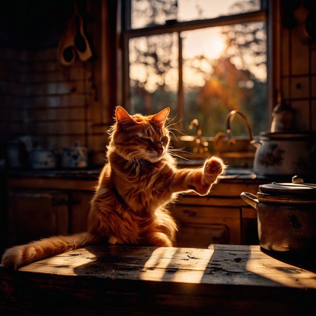 A full shot photograph of a pet ginger cat stretching in a cozy cottage kitchen during golden hour, taken with a Nikon Z7 II and NIKKOR Z 24-70mm lens.