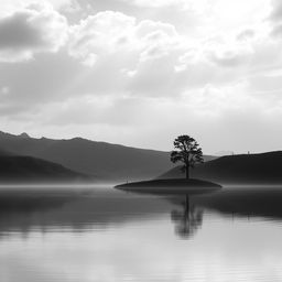 A serene and reflective landscape representing personal growth and self-improvement, rendered in black and white