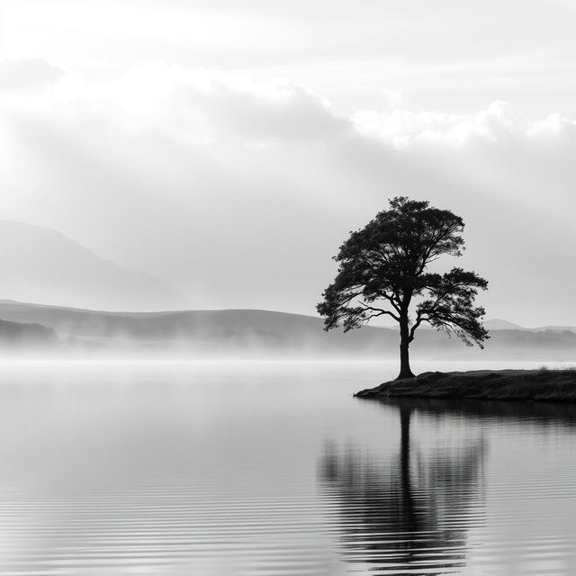 A serene and reflective landscape representing personal growth and self-improvement, rendered in black and white