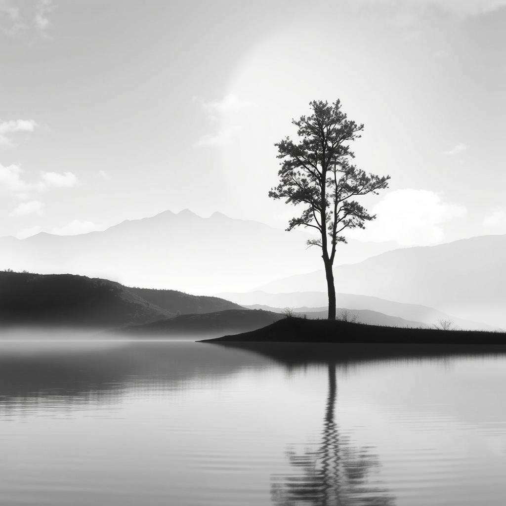 A serene and reflective landscape representing personal growth and self-improvement, rendered in black and white