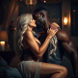 An intimate scene depicting a white woman leaning in for a sensual kiss with a black man as she sits on his lap