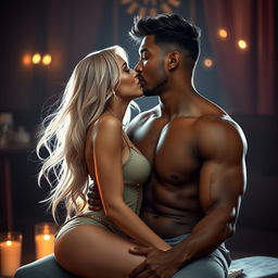An intimate scene depicting a white woman leaning in for a sensual kiss with a black man as she sits on his lap