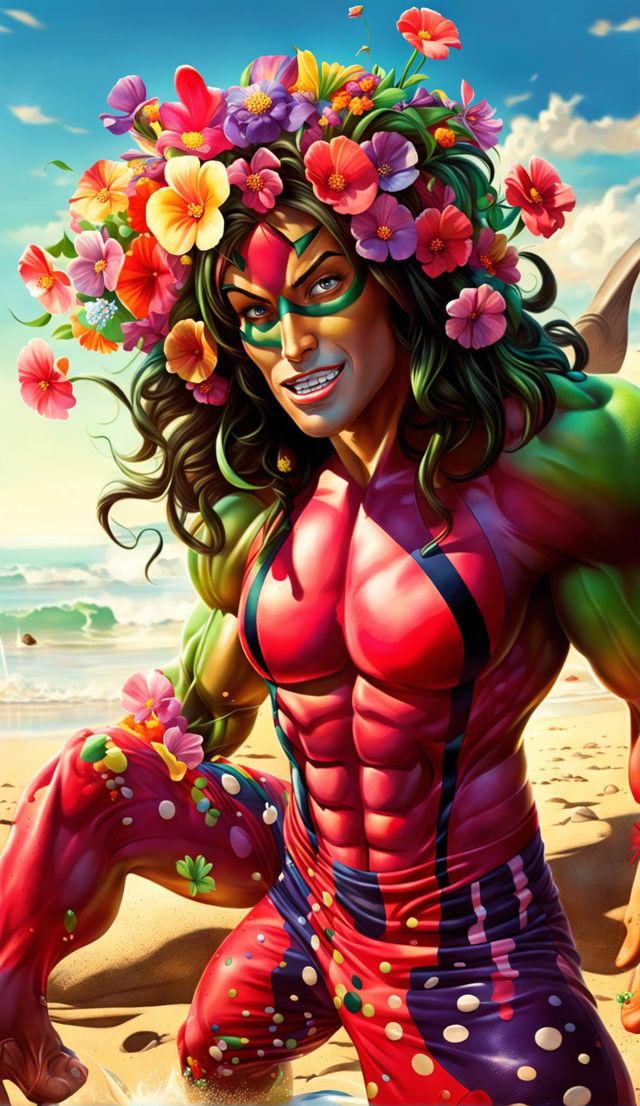 Digital art of Ladybug Man taking a selfie with a red beach flip-flop with black polka dots, wearing flowers in her hair and a colorful swimsuit on a beach. The Incredible Hulk is also present with flowers in his hair and puckered lips, both displaying faces full of affection.