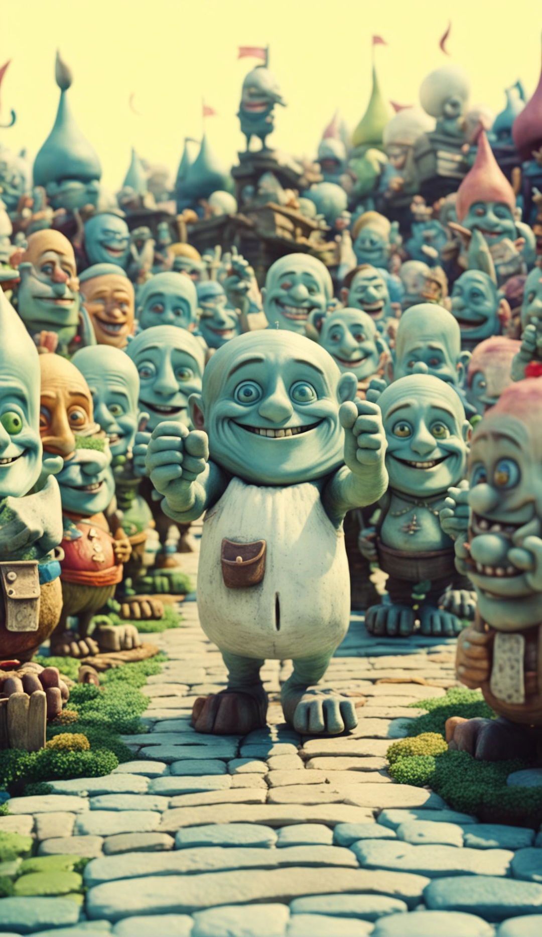 Anthropomorphic half-aspirin half-troll waving to fellow villagers in an intricately detailed village with vintage vinaigrette effect in cinematic 24k UHD-HDR quality.