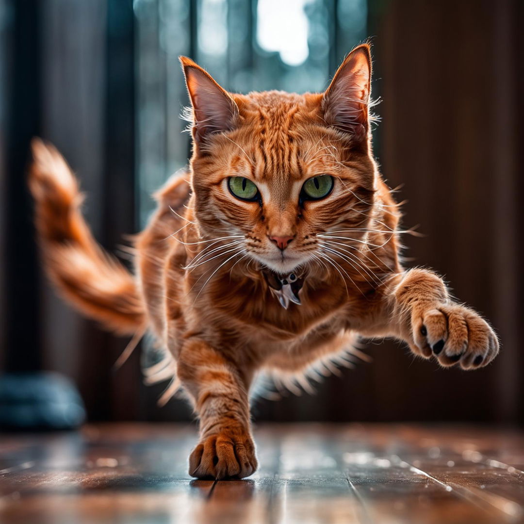 A full-body photograph of a ginger cat in mid-motion, taken with a Nikon Z7 II camera and NIKKOR Z 25mm lens.