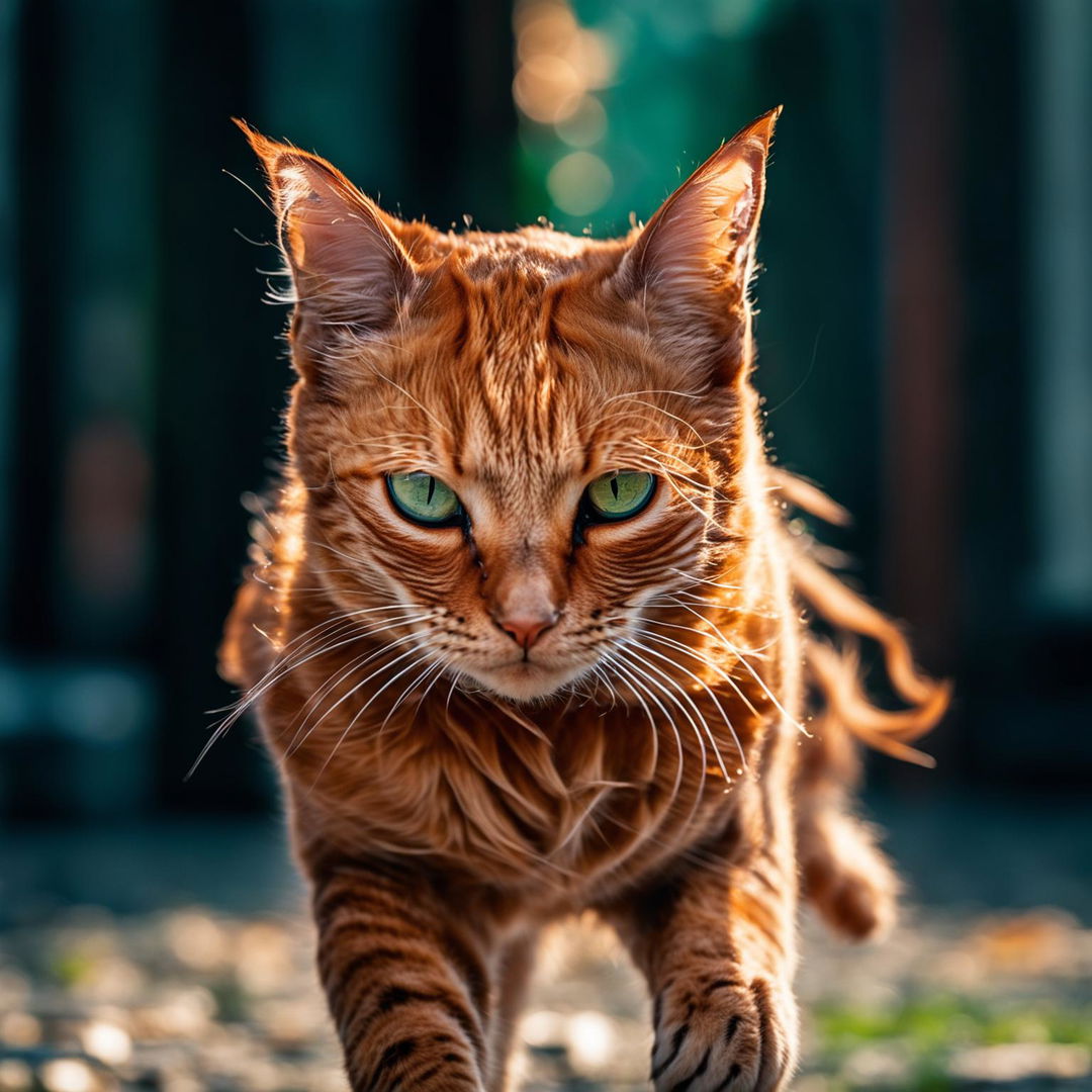 A full-body photograph of a ginger cat in mid-stride, taken with a Nikon Z7 II camera and NIKKOR Z 25mm lens.