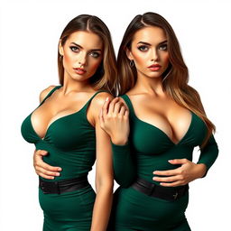 Identical twin Ukrainian women, both 25 years old, wearing minimal green clothing that showcases their cleavage
