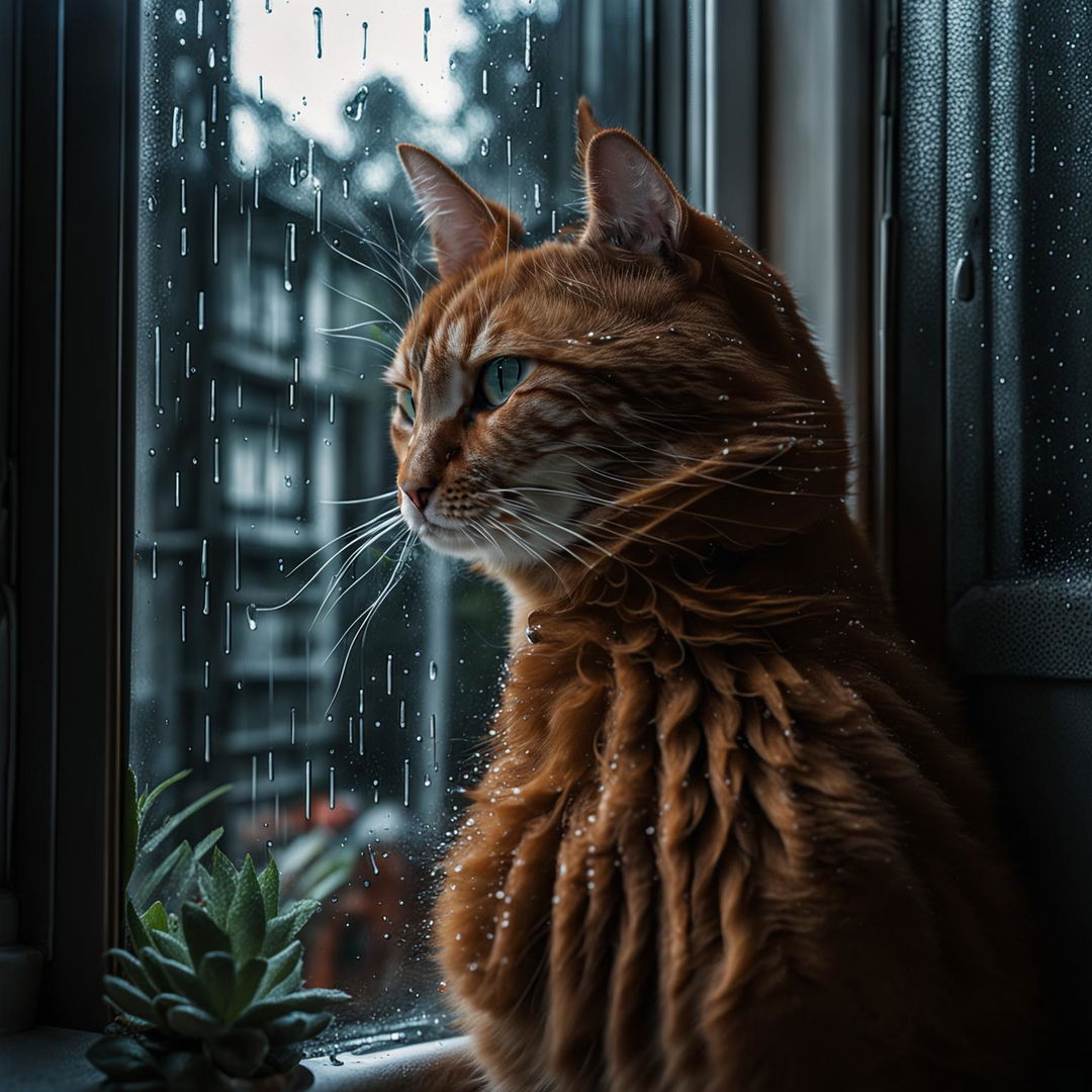 Full-body photograph of a ginger cat sitting at a window, watching the rain outside, taken with a Nikon Z7 II and NIKKOR Z 25mm lens.