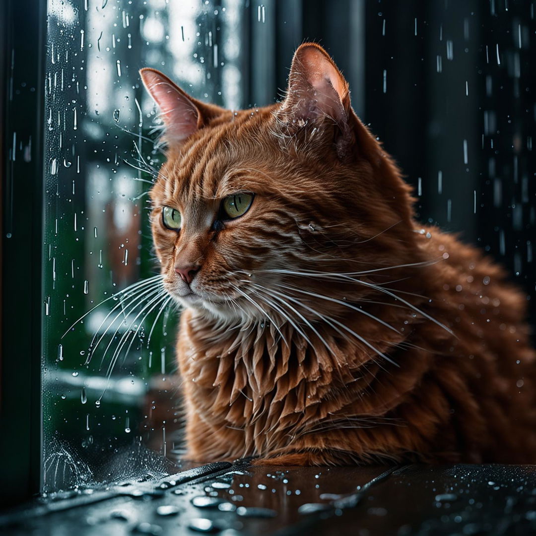 A ginger cat sitting at a window watching the rain, captured in a full-body shot with a Nikon Z7 II and NIKKOR Z 25mm lens.