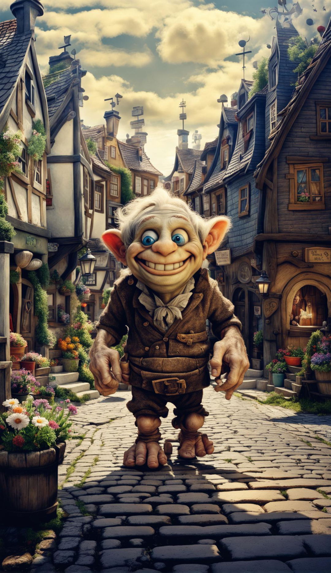 Anthropomorphic half-aspirin half-troll greeting fellow villagers in a detailed vintage village. Exaggerated photographic style with vintage vinaigrette effect. Cinematic 24k UHD-HDR quality.