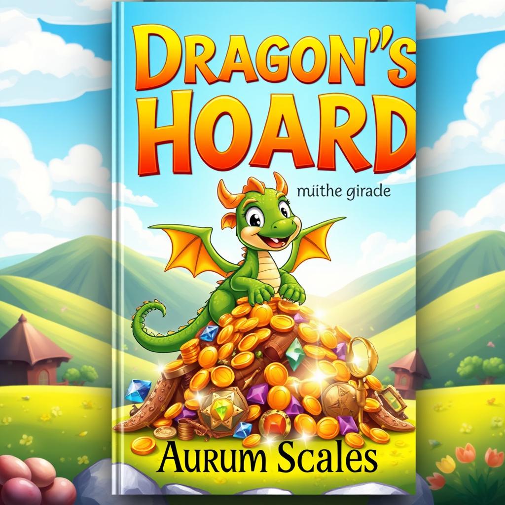 A vibrant book cover design featuring a cute, friendly dragon perched protectively over a massive pile of sparkling treasure