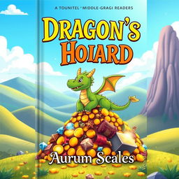 A vibrant book cover design featuring a cute, friendly dragon perched protectively over a massive pile of sparkling treasure