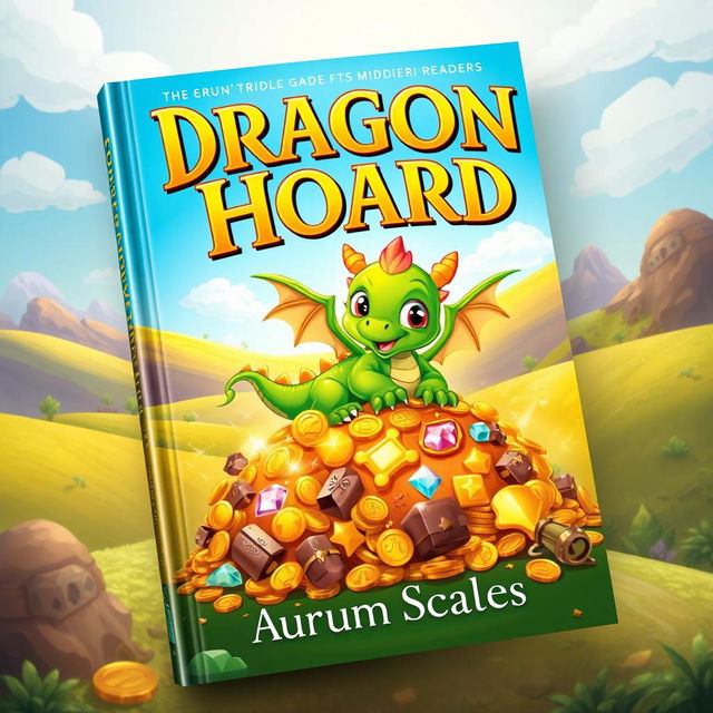 A vibrant book cover design featuring a cute, friendly dragon perched protectively over a massive pile of sparkling treasure