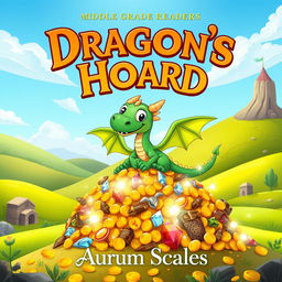 A vibrant book cover design featuring a cute, friendly dragon perched protectively over a massive pile of sparkling treasure