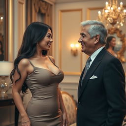 A young woman with large breasts interacting with an older man, both dressed elegantly, in a sophisticated setting