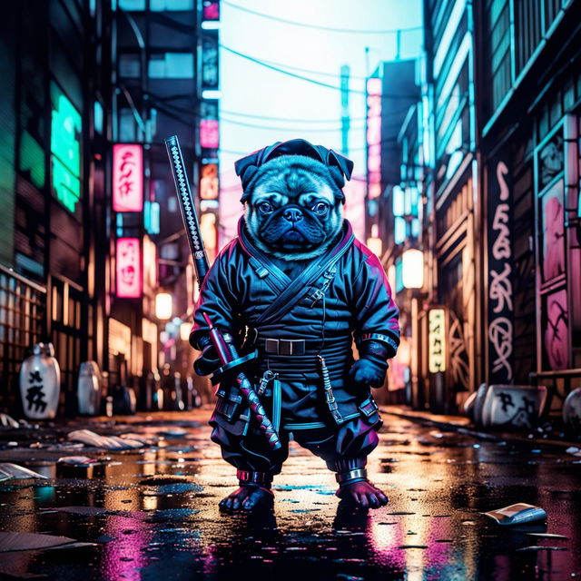 A pug-faced ninja stands resolute in crime-ridden Tokyo city, surrounded by neon lights, graffiti-covered walls, and litter-strewn streets.